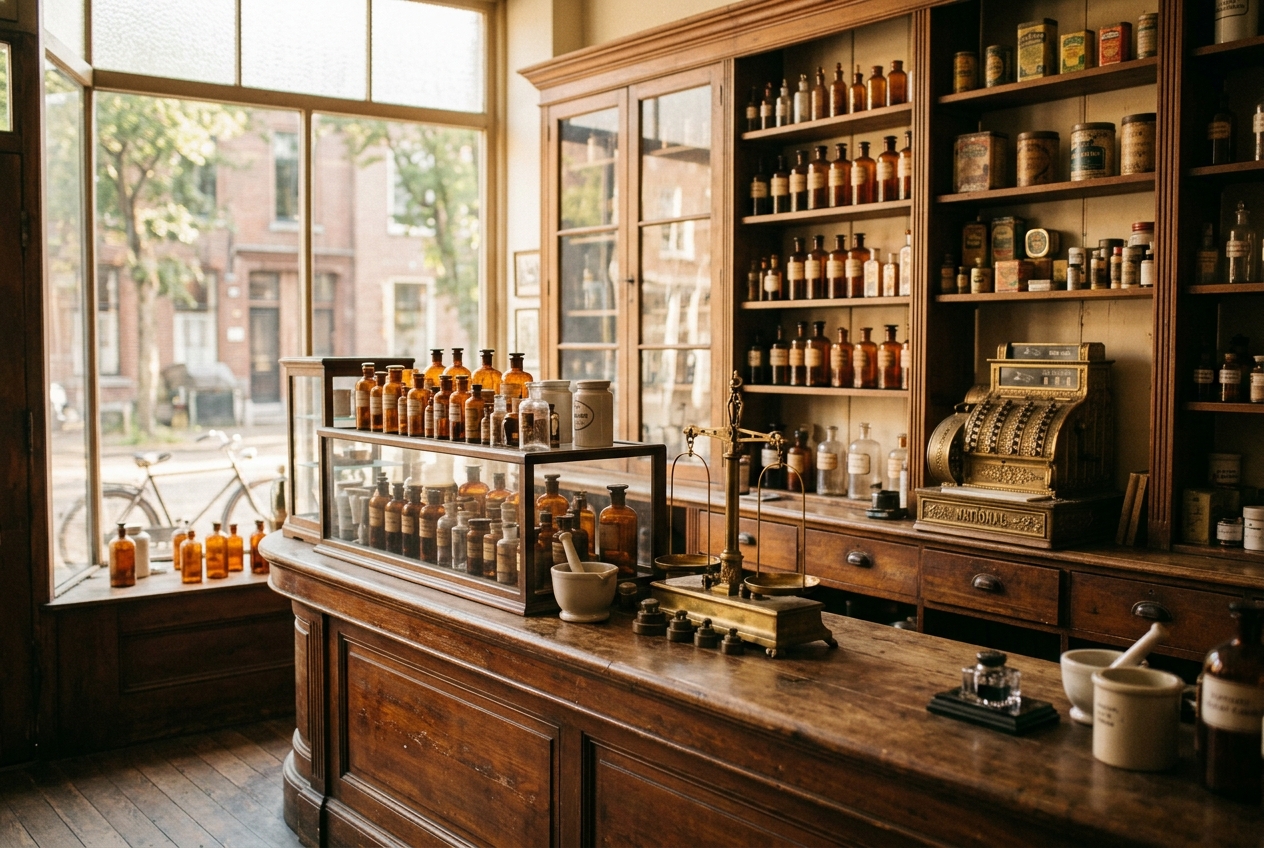 A vintage neighborhood pharmacy counter
